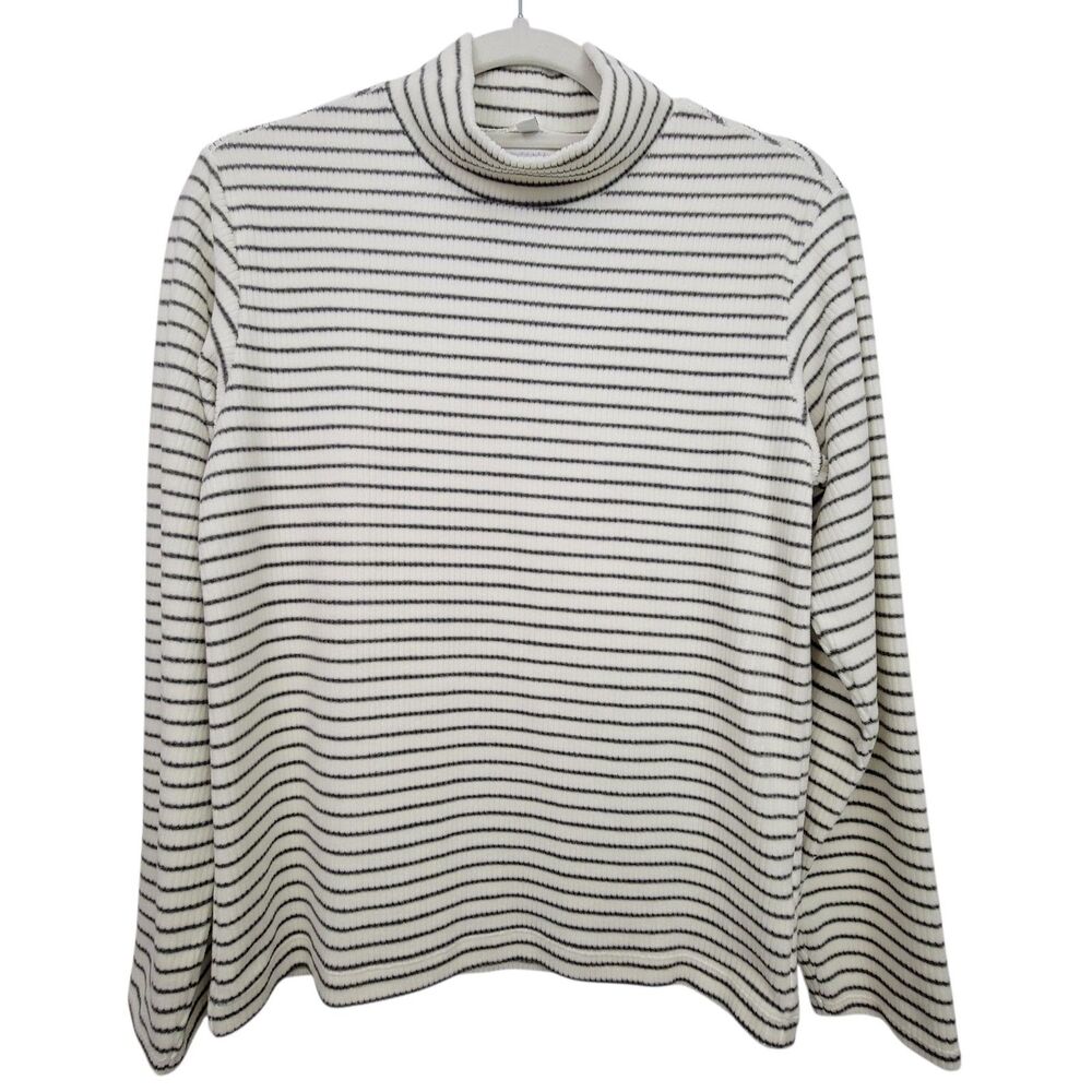 Uniqlo Off White Ribbed Fleece Striped High Neck Long Sleeve T-Shirt Sz Girls 13